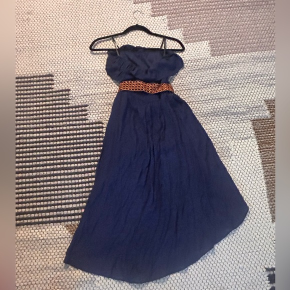Strapless Navy Dress with Belt Flowy Summertime Dress - Picture 3 of 5